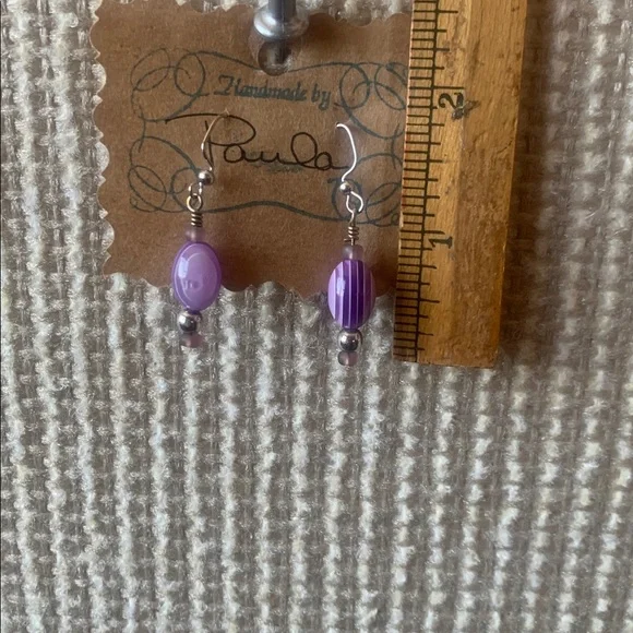 Handmade Purple&White Acrylic/Resin Beaded Dangle w/glass bead Earrings - Picture 3 of 6